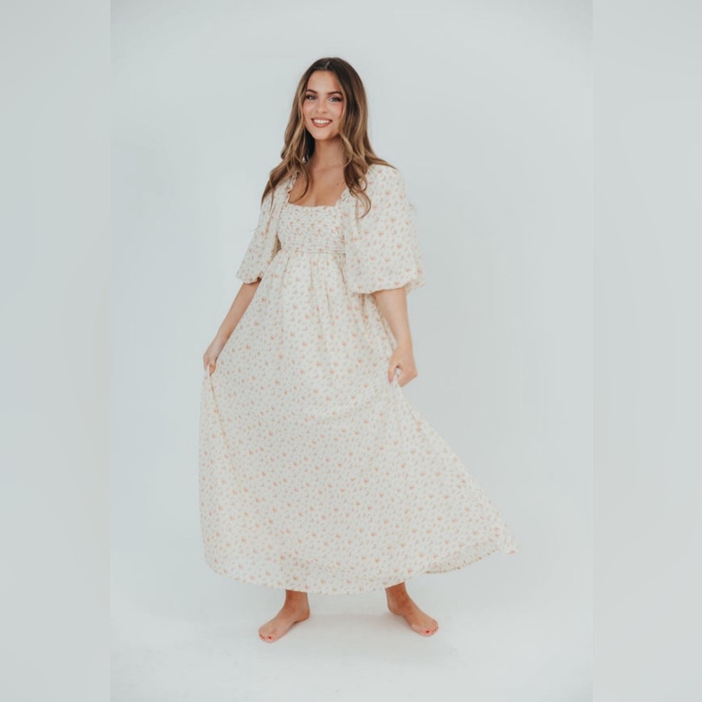 Worth Collective Melody Maxi Dress w/ Pleats&Bow Detail in Ivory Floral, X-Large